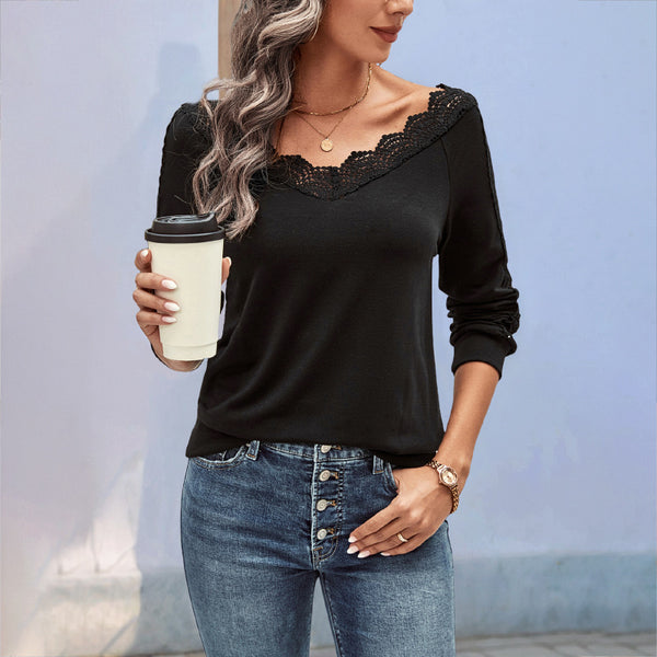 LOVEVVR foreign trade long-sleeved top Hot autumn new 2025  women's v-neck lace splicing bottoming shirt