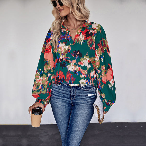 LOVEVVR Hot Trade Hot Autumn New Shirt Casual Flower Shirt Lapel Long Sleeve Top Button Printed Shirt