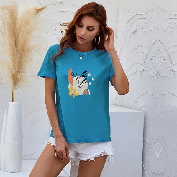 LOVEVVR Cross-border color T-shirt short-sleeved women's popular summer Popular trade women's clothing cartoon printing crew neck top bottoming shirt wholesale