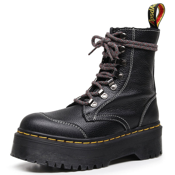 LOVEVVR Top layer thick bottom 8-hole splicing locomotive boots 1460 side zipper female British lychee pattern muffin bottom lace-up tooling boots