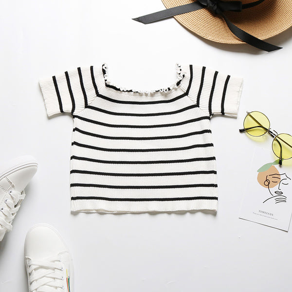 LOVEVVR New Popular trade summer new 2025 one-word shoulder striped navel top short-sleeved fungus edge short t-shirt