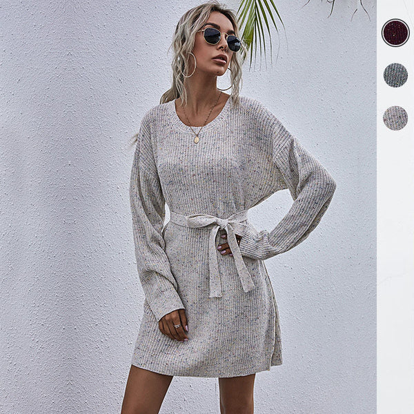 LOVEVVR New Popular trade  solid color loose lazy wind lace-up medium and long 2023 autumn sweater skirt women