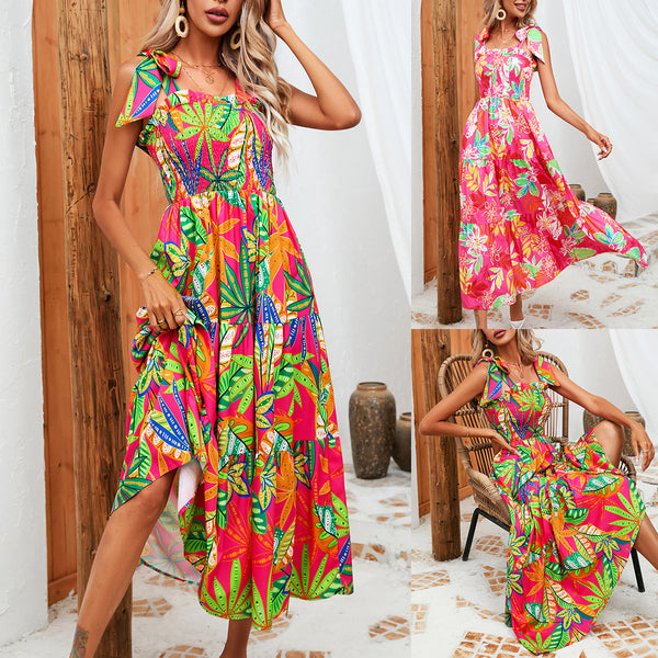 LOVEVVR Hot trade women's clothing temu Popular, 2025 and  popular popular summer New leaf printing chest wrapping dress