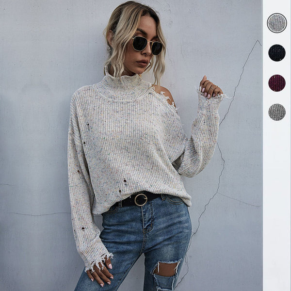 LOVEVVR 2025 loose open shoulder hole New women's clothing popular autumn and winter turtleneck knitted pullover women