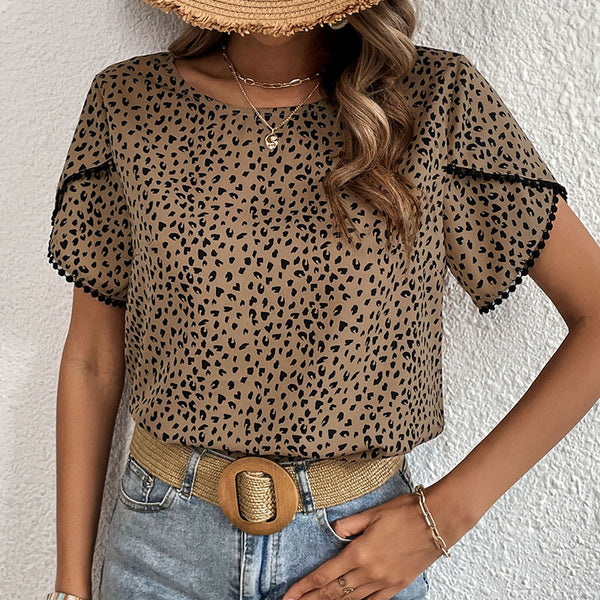 LOVEVVR New popular summer new 2025 women's clothing design sense short sleeve leopard print lace splicing shirt women