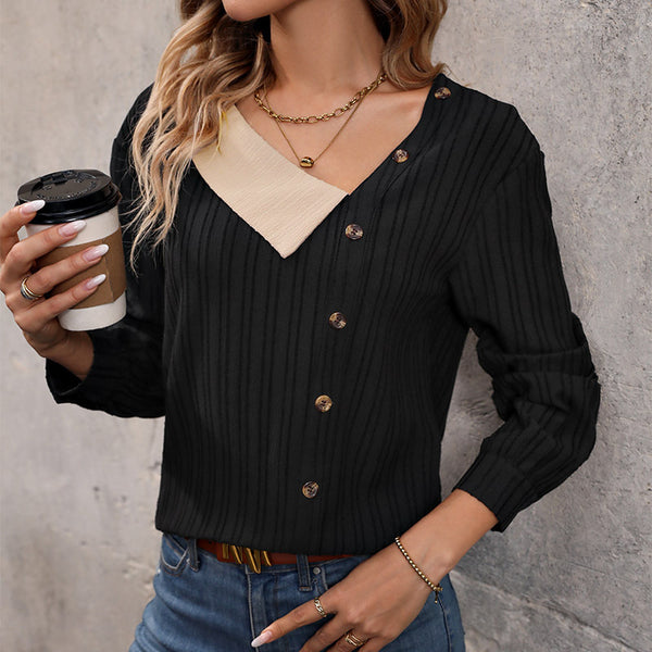 LOVEVVR Hot autumn new  women's shirts, popular splicing V-neck tops in , long-sleeved buckle women's clothing wholesale