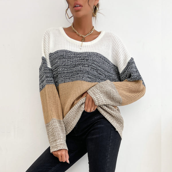 LOVEVVR New  Hot Trade popular Autumn and Winter New Crew Neck Long Sleeve Knitted Striped Contrast Sweater Pullover