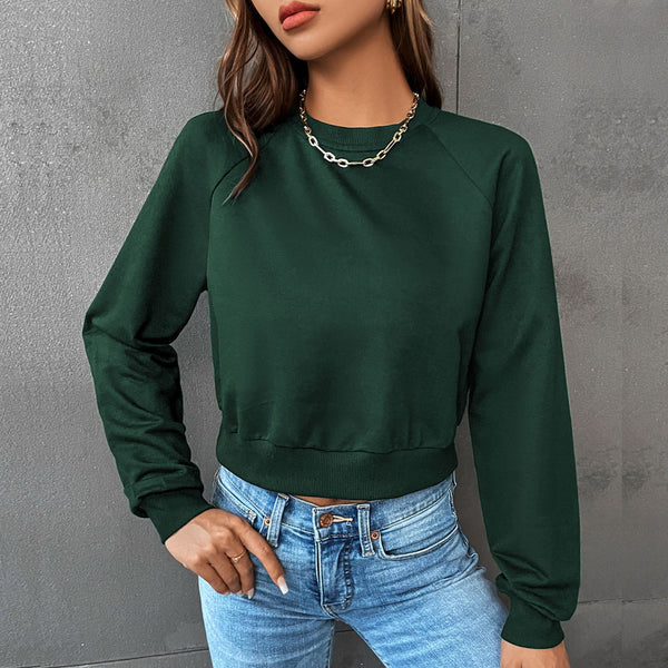 LOVEVVR popular New Early Autumn Casual Sports Rough Sleeve Top Hot Trade Color Matching Short Navel Crew Neck Pullover Sweater