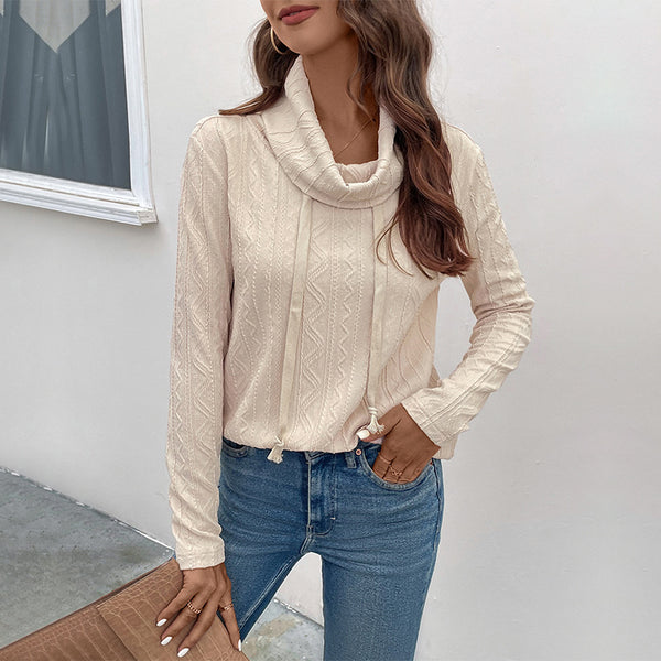 LOVEVVR autumn and winter new 2025 women's clothing solid color twist turtleneck sweater  texture drawstring new top