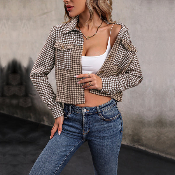 LOVEVVR Hot autumn new plaid jacket 2025 short lapel top splicing plaid jacket