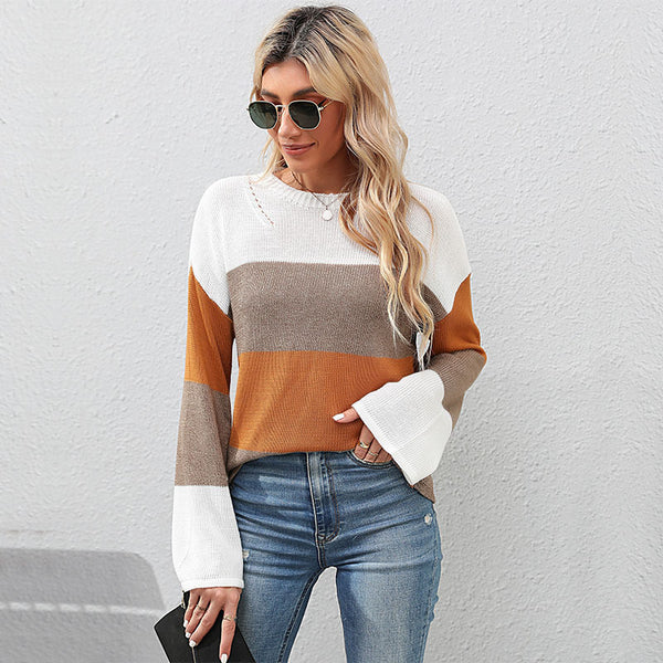 LOVEVVR Hot autumn and winter new casual 2025 women's clothing crew neck striped color matching loose knitted sweater