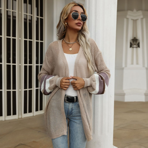 LOVEVVR Strictly selected  Hot autumn 2025 medium and long contrasting color loose sweater knitted cardigan thin coat women