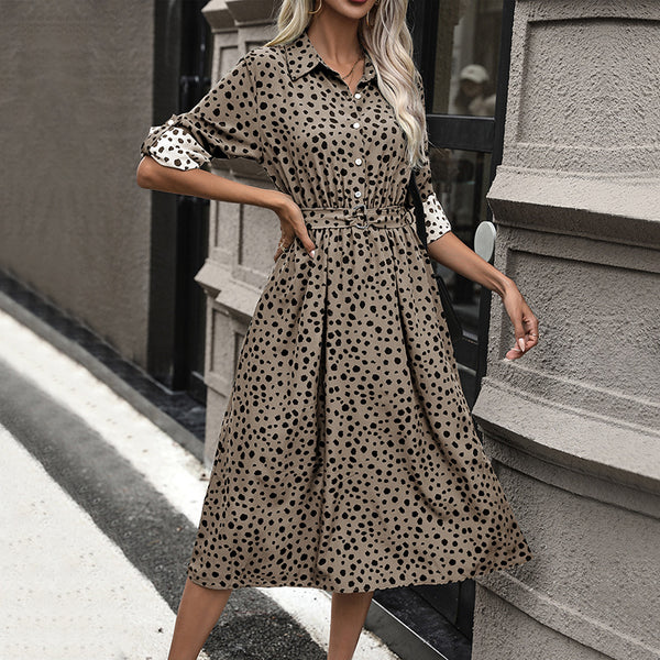 LOVEVVR 2025  new dress lapel button temperament dress polka dot long dress high waist women's dress with belt