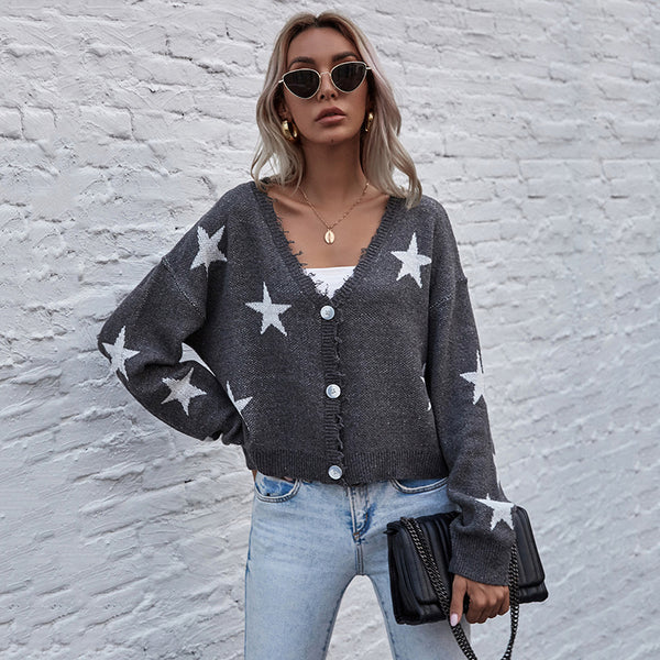 LOVEVVR 2025 women's clothing Hot autumn and winter cardigan long-sleeved five-pointed star jacquard knitted short sweater jacket