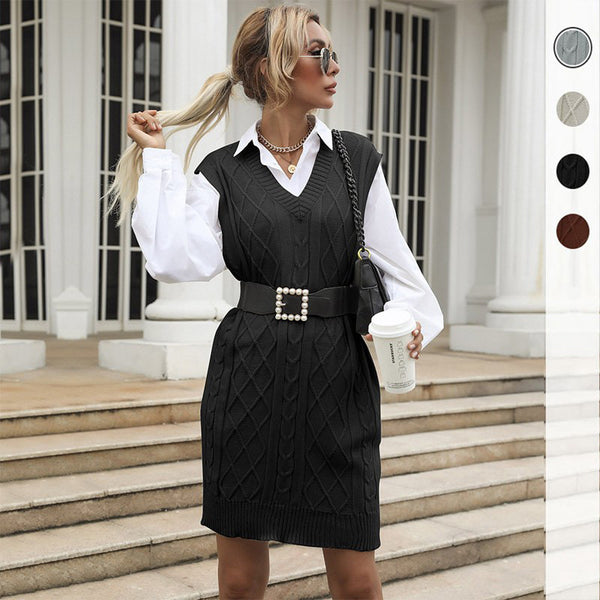 LOVEVVR  Popular trade women's clothing popular autumn and winter new products 2025 medium and long v-neck vest retro twist knitted sweater skirt