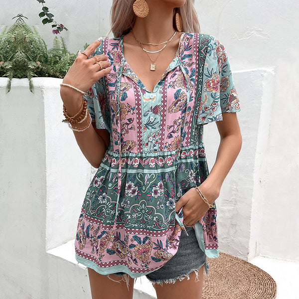 LOVEVVR New Popular trade popular summer new women's clothing 2025 casual tops holiday style printing strap shirt