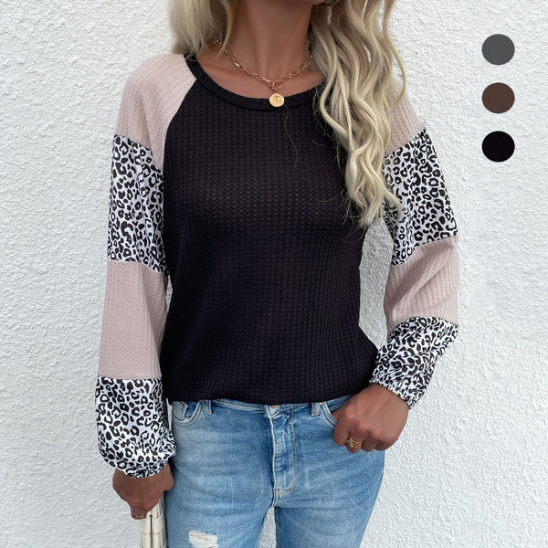 LOVEVVR popular popular autumn New women's waffle crew neck top splicing leopard print bottoming knitted sweater