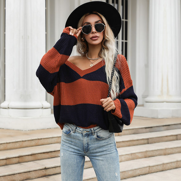 LOVEVVR  Popular trade popular autumn new products 2025 trend knitting color matching new v-neck long-sleeved pullover sweater women