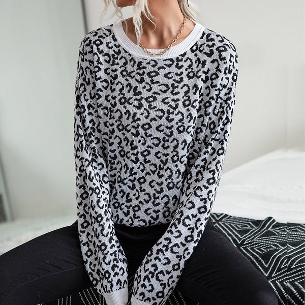 LOVEVVR New 2023 autumn and winter new office women's clothing crew neck knitted pullover leopard print bottoming sweater