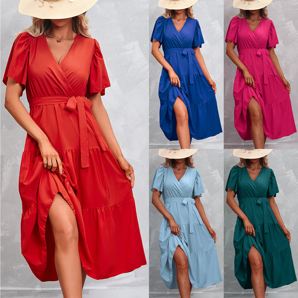 LOVEVVR Hot trade women's clothing  popular New Popularan products summer new hot-selling solid color V-neck short-sleeved dress