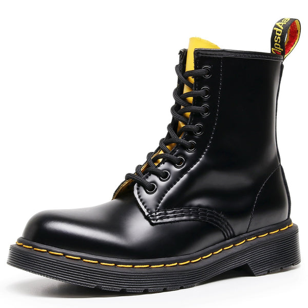 LOVEVVR High Top 1460 Tooling Boots Women's Green and Yellow Splicing Open Edge Bead Short Boots Men's and Women's Glossy Leather Boots Round Head Locomotive Shoes