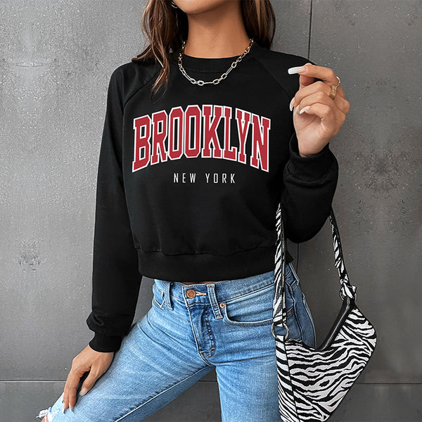 LOVEVVR popular new spring leisure sports college style top New Popular trade short navel crew neck letter sweater