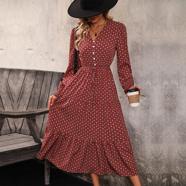 LOVEVVR Hot  dress long-sleeved ruffle edge long dress V-neck buckle skirt red retro women's dress