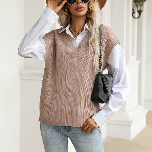 LOVEVVR Hot  new autumn solid color v-neck knitted sweater commuter sleeveless vest vest 2025 V-neck top