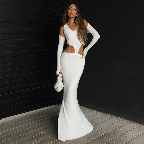 LOVEVVR 2025 cross-border  explosive Hot summer new fashionable and elegant long-sleeved hollow off-the-shoulder temperament dress