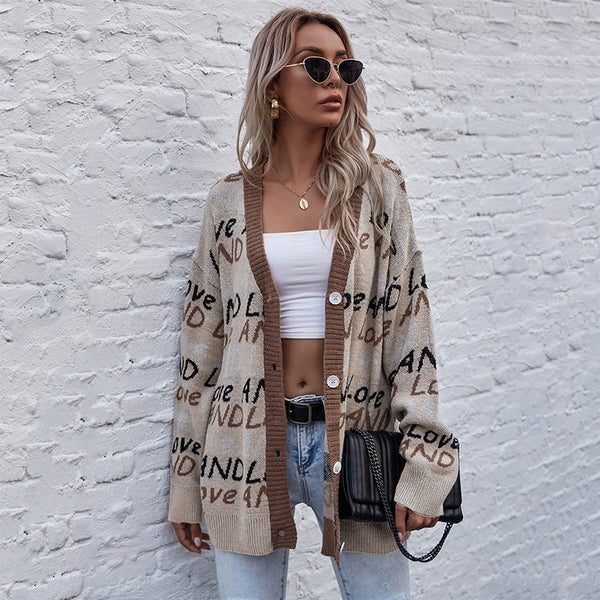 LOVEVVR Hot autumn and winter knitted cardigan 2025 letter fashion jacquard long-sleeved medium and long sweater jacket