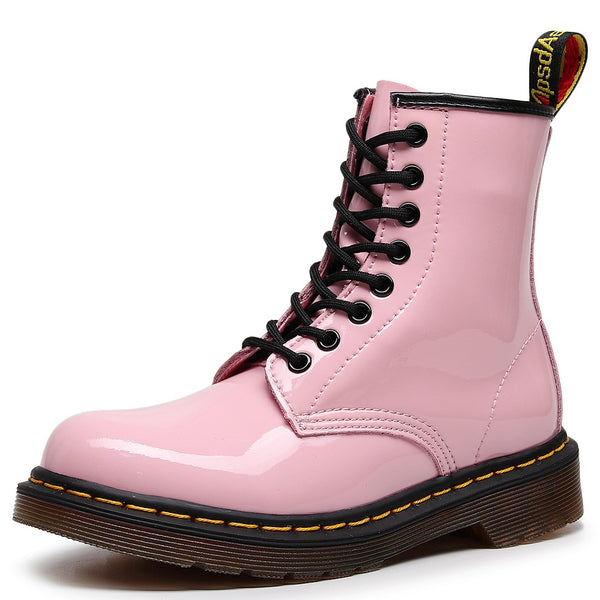 LOVEVVR mirror 1460 tooling boots women's patent leather British style pink short boots men's and women's leather boots round head locomotive shoes