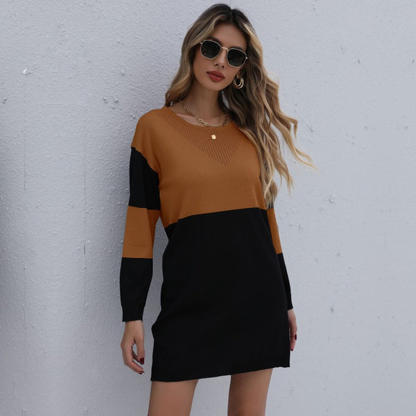 LOVEVVR women's clothing popular autumn and winter new  pullover round neck contrasting color knitted sweater medium and long bottom sweater skirt women