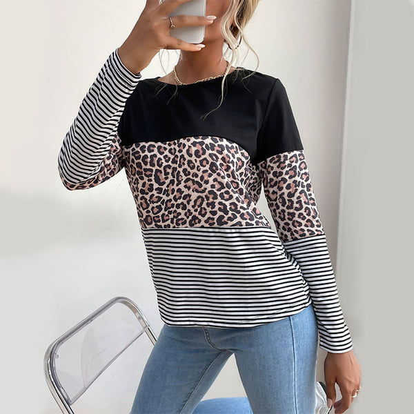 LOVEVVR Popular trade popular autumn 2025 contrasting color pullover top round neck street leopard print splicing bottoming T-shirt women