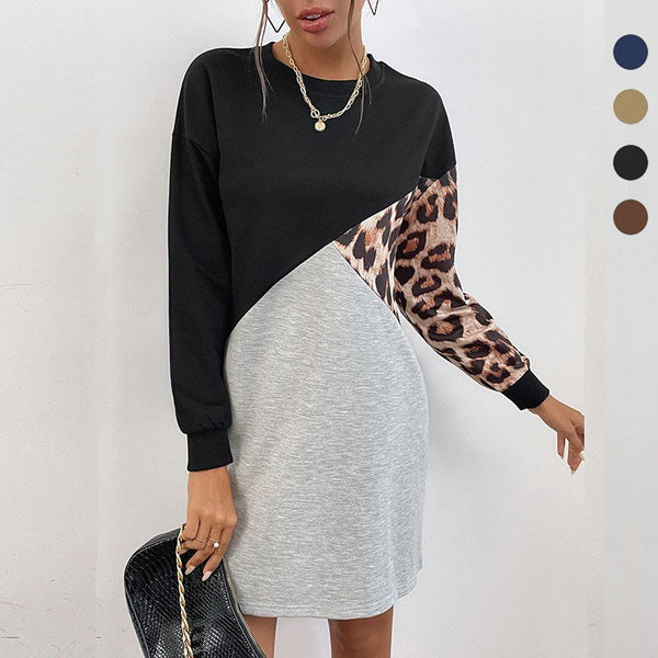 LOVEVVR New Popular trade explosion popular autumn and winter new splicing round neck medium and long leopard print pullover sweater skirt women