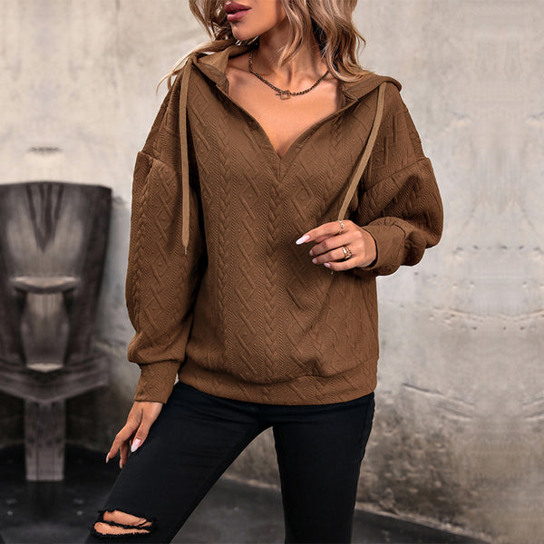 LOVEVVR Hot autumn and winter hooded pullover sweater new drawstring knitted sweater loose solid color V-neck top