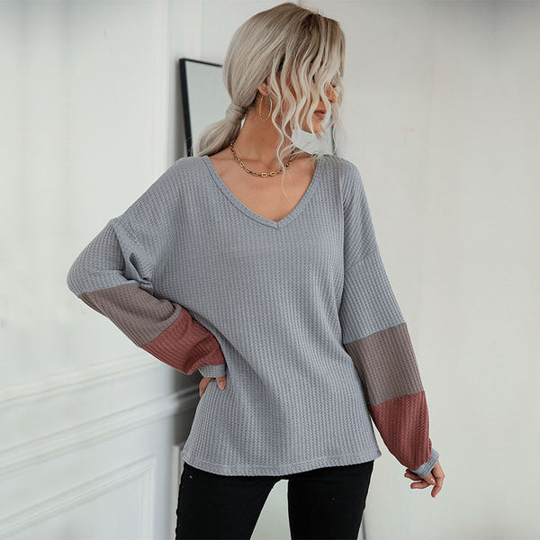 LOVEVVR New  Hot Trade popular New 2025 Autumn Color Matching Long Sleeve Gray V-Neck Knitted Sweater