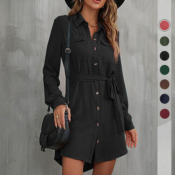 LOVEVVR Hot autumn 2025 cardigan shirt lapel women's commuter lace-up shirt dress