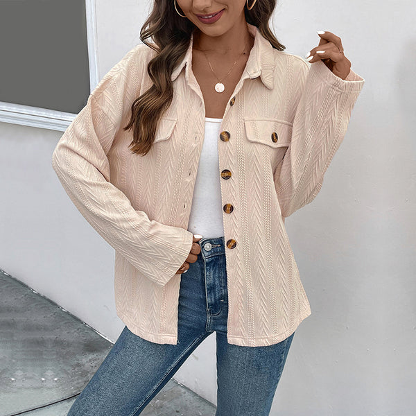 LOVEVVR 2025  Hot early autumn thin solid color shirt knitted texture shirt jacket button-down lapel women's shirt