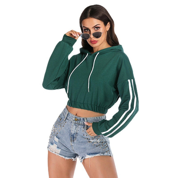 LOVEVVR New popular autumn 2025 women's clothing sports striped green short long-sleeved hooded navel sweater women