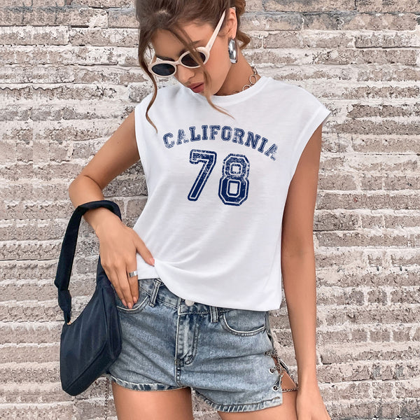 LOVEVVR Cross-border new product popular summer 2025 vest crew neck letter printed top women's Popular trade sleeveless sports t-shirt