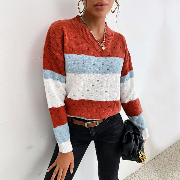 LOVEVVR New  Hot Trade popular Spring and Autumn New Long Sleeve V-Neck Pullover Striped Color Matching Knitted Sweater