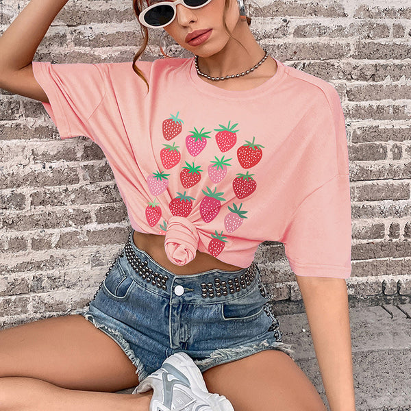 LOVEVVR Cross-border new popular summer women's word print top round neck medium and long South East Asia Popular trade short-sleeved t-shirt