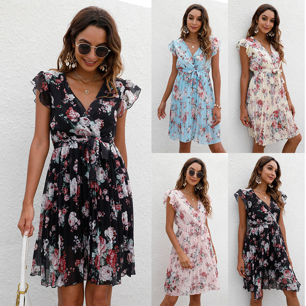 LOVEVVR Summer 2025 women's clothing Popular trade New  Popular station V-neck waist lace-up printed dress