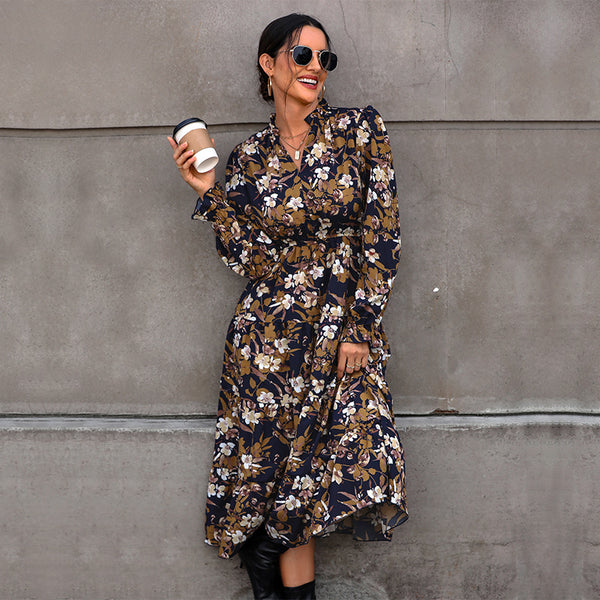 LOVEVVR 2025  Hot autumn floral temperament commuter dress retro printed women's dress V-neck fashion dress