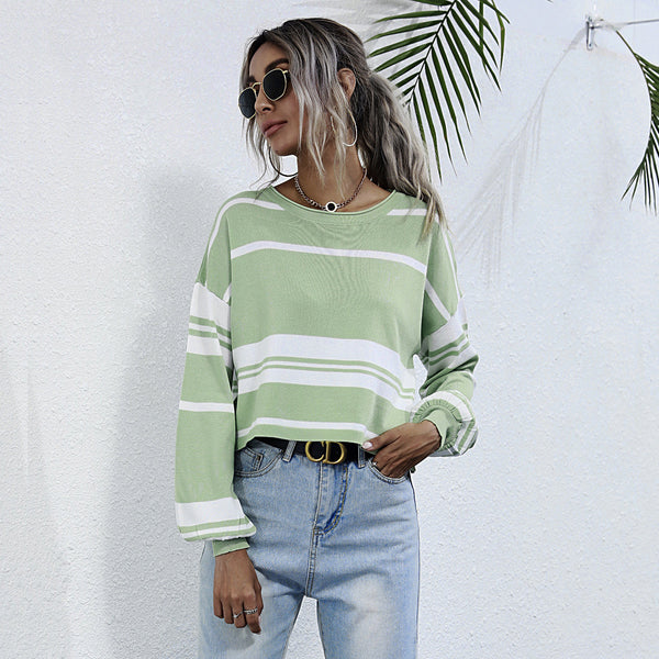 LOVEVVR popular Spring and Autumn New Women's Striped Knitted Sweater Bottom Pullover  Hot Trade Crew Neck Japanese Short Top