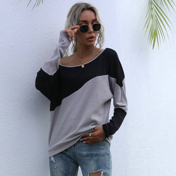 LOVEVVR New  Hot Trade Women's Clothing popular Color Combination Long Sleeve Knitted Sweater Loose Off-Shoulder One-Neck Top