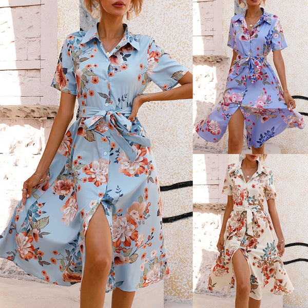 LOVEVVR Hot trade women's clothing  popular New Popularan goods popular summer waist single-breasted printed short-sleeved dress