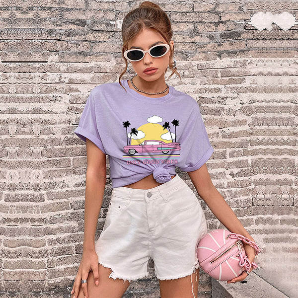 LOVEVVR New popular Summer 2025 Women's Clothing Crew Neck Printed Basic Top Guangzhou Short Sleeve T-Shirt