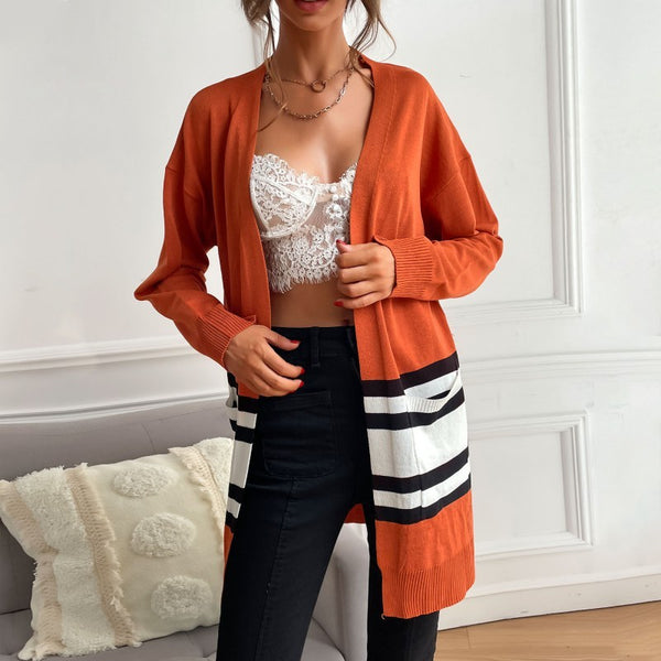 LOVEVVR women's clothing Hot autumn new striped contrasting color knitted cardigan long-sleeved casual thin coat