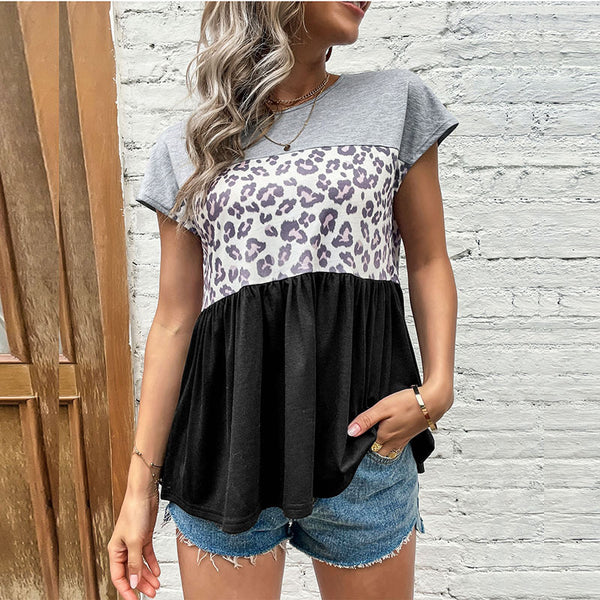 LOVEVVR popular new 2025 tops casual splicing leopard print loose round neck short-sleeved T-shirt women